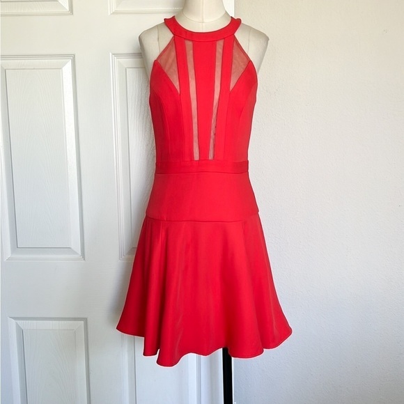BCBGMAXAZRIA Halter Mesh Red Mini Dress - Picture 3 of 10